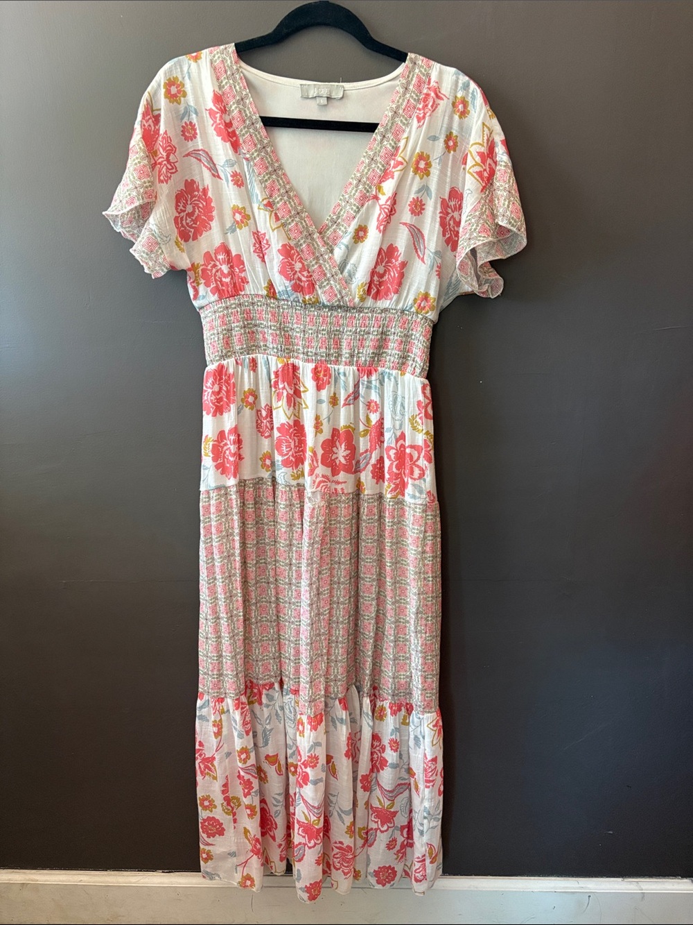 Floral V-Neck Maxi Dress in White and Coral